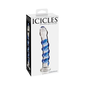 Icicles No. 5 Curved Ribbed 7 in. Glass Dildo Blue/Clear