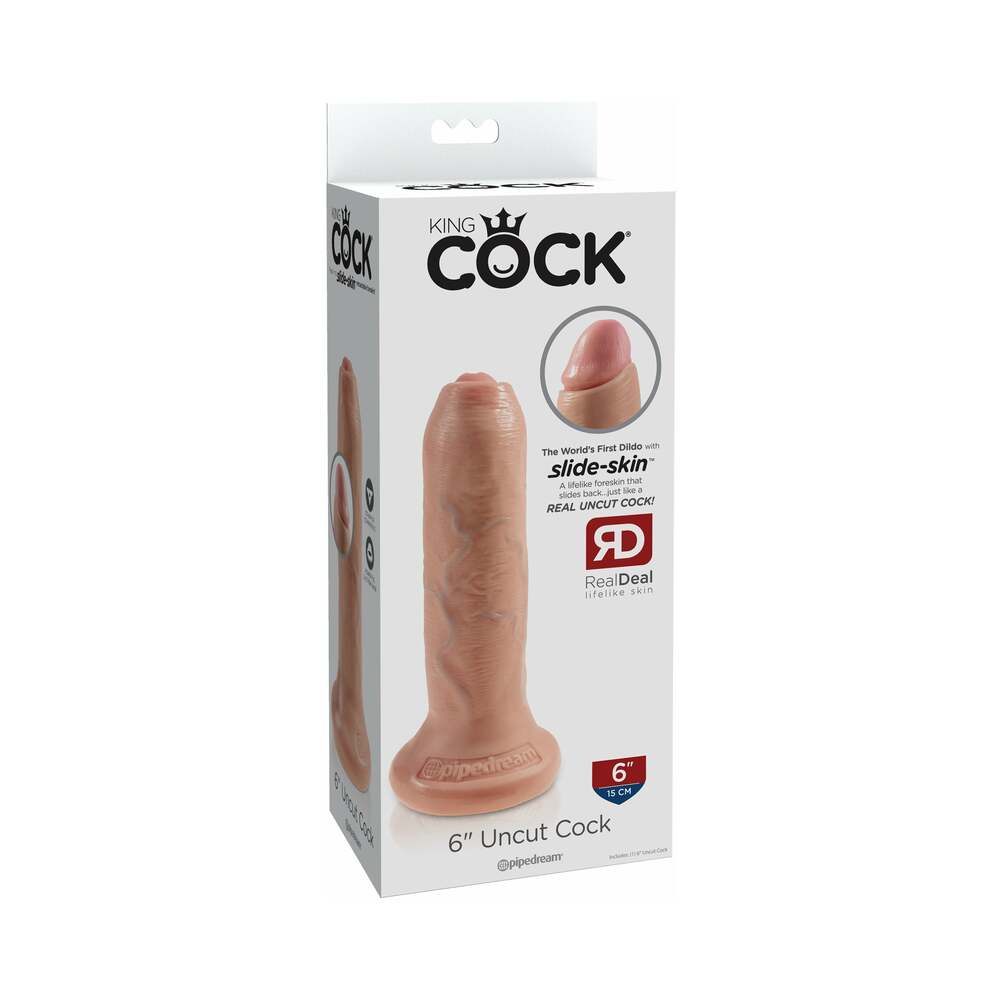 King Cock 6 in. Uncut Cock Realistic Dildo With Moveable Foreskin & Suction Cup Beige