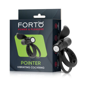 Forto Pointer Rechargeable Silicone Vibrating Dual Cockring with External Stimulator Black