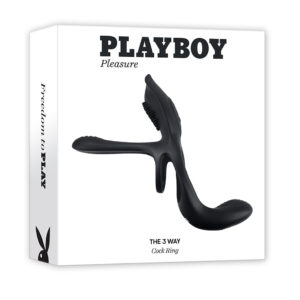 Playboy The 3 Way Rechargeable Remote Controlled Vibrating Silicone Cockring with Stimulator Black