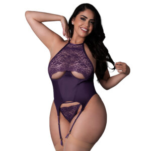 Magic Silk Leather & Lace Lace Cup Basque & Split Crotch Panty Set Plum Queen Size