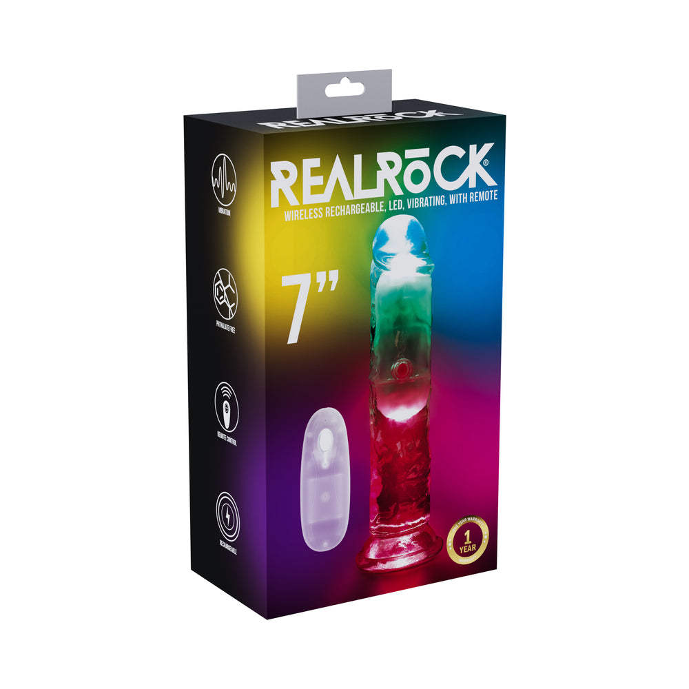 RealRock Wireless Rechargeable Remote Control LED Vibrating 7 in. Dildo Clear