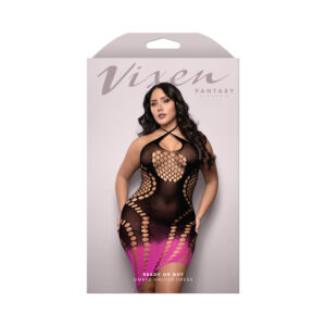 Fantasy Lingerie Vixen Ready Or Not Ombré Knit Asymmetrical Keyhole Halter Dress Black/Pink Queen Size