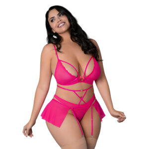 Magic Silk Pink Kink Bralette, High Leg Panty & Garter Skirt Set Pink Glow Queen Size