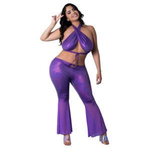 Magic Silk Glimmer Wrap Halter & Flair Pant Set Purple Disco Queen Size