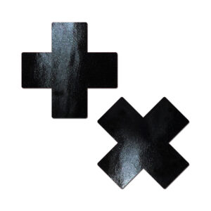 Pastease Plus X: Faux Latex Pleather Vinyl Black Cross Pasties