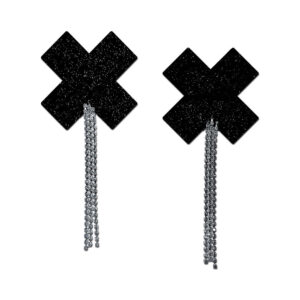 Pastease Tassel Pasties: Black Sparkle Plus X with Long Rhinestone Tassel