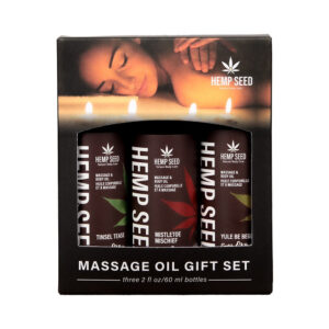 Earthly Body Hemp Seed Holiday Massage Oil Trio Gift Set: Mistletoe Mischief, Tinsel Tease, Yule Be Begging