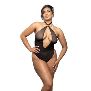 Fantasy Lingerie Radiance Onyx Keyhole Halter Teddy with Jeweled Center Strap 3XL/4XL