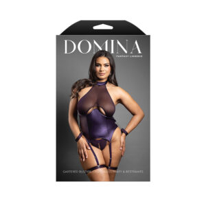 Fantasy Lingerie Domina Gartered Bustier & Crotchless Panty w/Detachable Restraints/Garters Deep Purple Queen Size