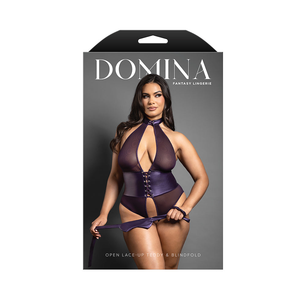 Fantasy Lingerie Domina Open Halter Teddy with Lace-Up Detail & Blindfold Deep Purple Queen Size