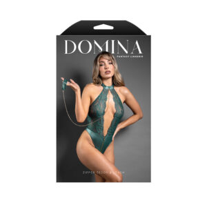 Fantasy Lingerie Domina Keyhole Halter Teddy with Detachable Chain-Link Leash Pine Green M/L