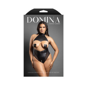Fantasy Lingerie Domina Cupless High-Neck Halter Teddy with Zipper Detail & Pasties Black Queen Size